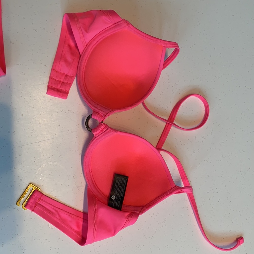 Smart & Sexy Neon Pink Gold Side Tie Bikini Swimsuit Set Size M 36B - Picture 3 of 8